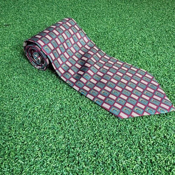 Oscar de la Renta Other - Oscar de la Renta Mens Silk Necktie Burgundy Teal Geometric Couture‎ Collection